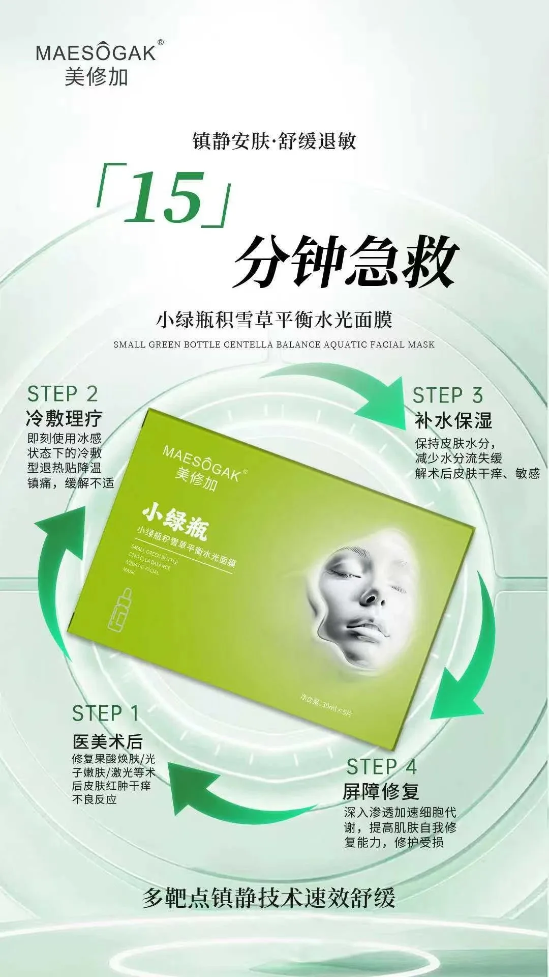 美修加小绿瓶积雪草平衡水光面膜（控油祛痘收毛孔），无内托，一盒5片，一件100盒，保质期：2028年12月14日 图片 2