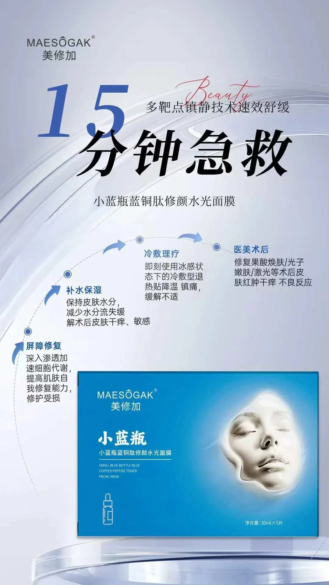 美修加小蓝瓶蓝铜肽修颜水光面膜（修护抗敏），无内托，一盒5片，一件100盒，（保质期：2028年12月12日 图片 4