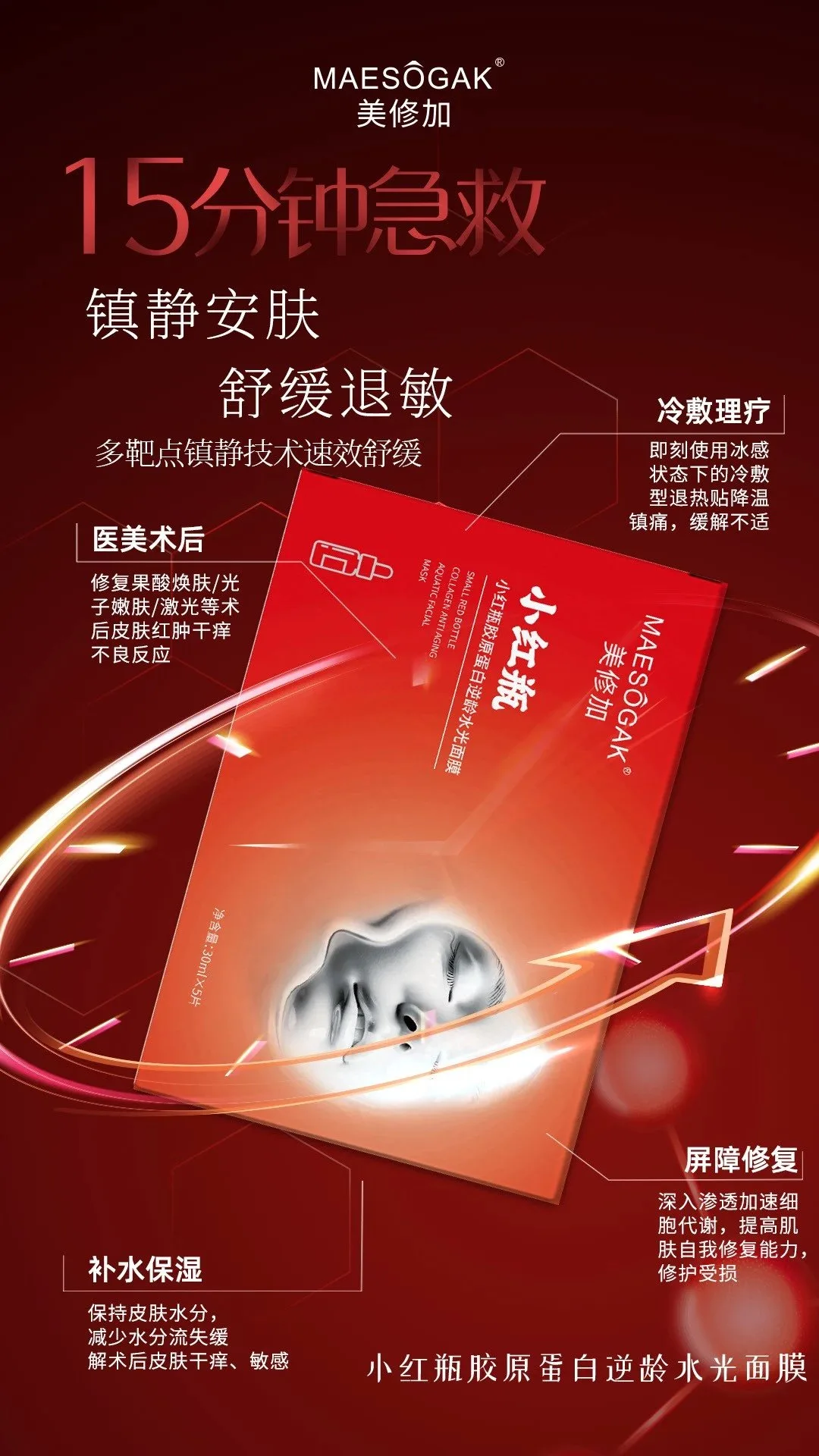 美修加小红瓶胶原蛋白逆龄水光面膜（抗皱抗衰），无内托，一盒5片，一件100盒，（保质期：2028年12月11日 图片 4