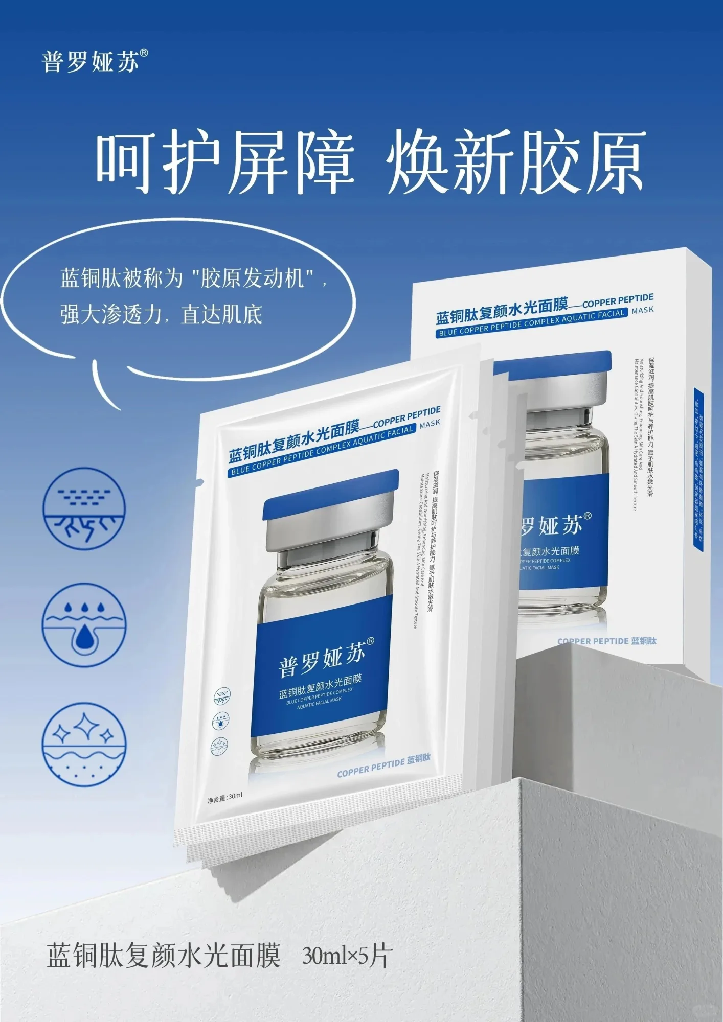 普罗娅苏蓝铜肽复颜水光面膜【舒缓修护，补水】，无内托，箱规100盒/件，规格 30ml*5片/盒，保质期2028年12月4日 图片 8